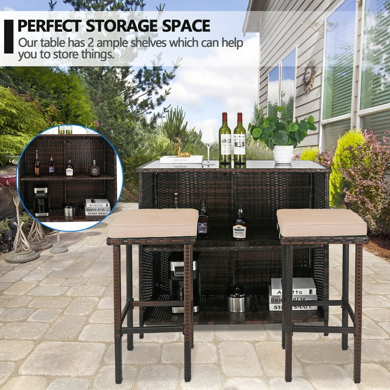 Outdoor Bar Furniture 3 Piece Patio Bar Set Brown Rattan Bar with Storage 2 Brown Stool Cushions