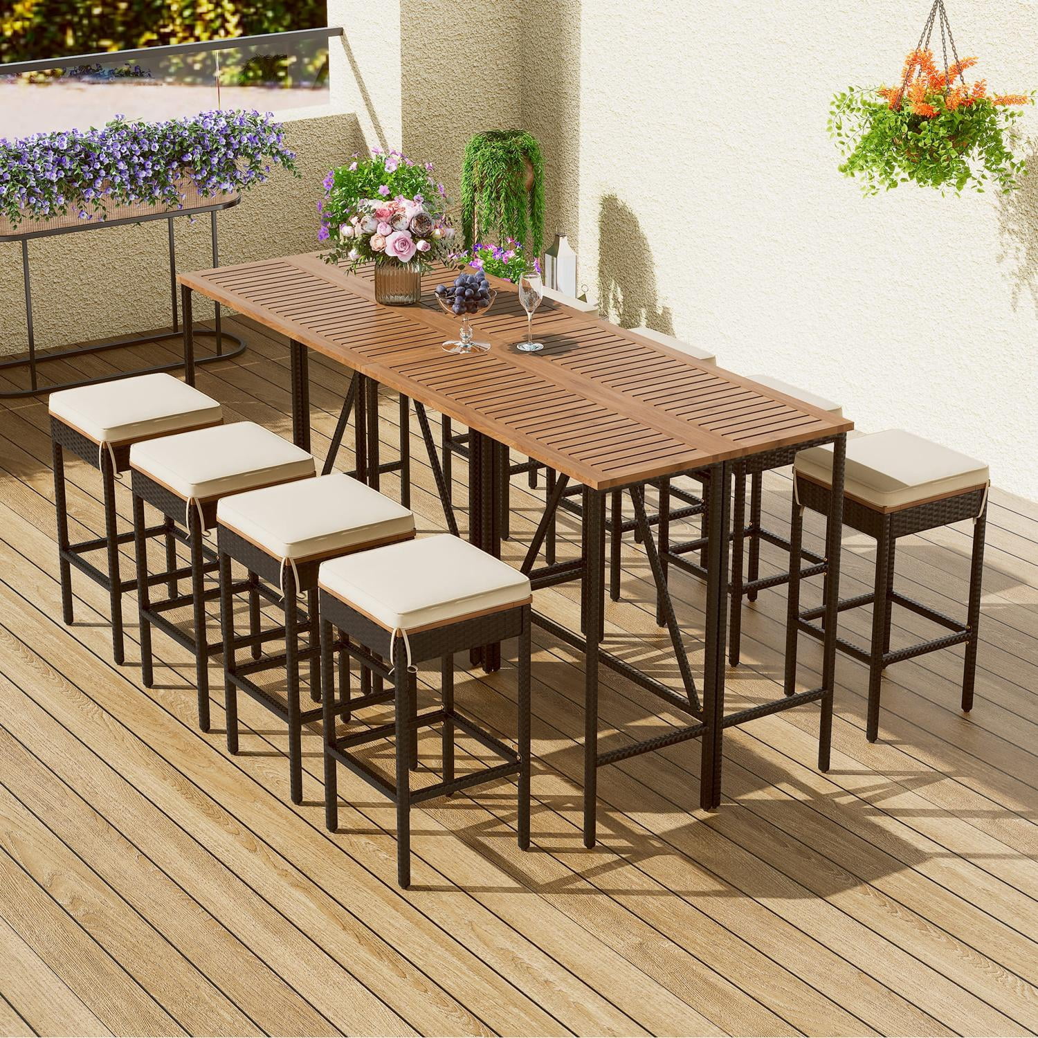 Outdoor Bar Height Dining Set 10-Piece, Acacia Wood Table & 8 Stools with Cushions, PE Rattan Wicker Bistro Set with Foldable Top, Space Saver, Brown