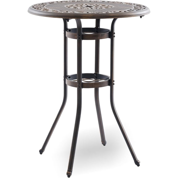 Outdoor Bar Height Table, 31.5" Round Cast Aluminum Patio Pub Table with Umbrella Hole, All-Weather Design for Deck/Garden/Poolside (Bronze)