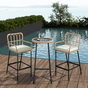 3 Pieces Outdoor Bar, Wicker Outdoor Bar Table and Outdoor Bar Stool Set of 2, Outdoor Bar Set with Thick Lumbar Pillow for Backyards, Porches-Beige