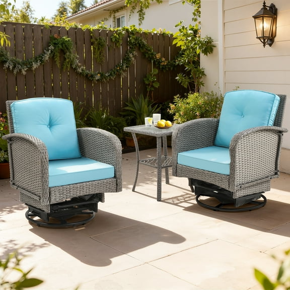 3 Piece Outdoor Bistro Swivel Chairs Set, Patio Bistro Set w/ 360° Swivel Rocking Chairs & Table, All-Weather Conversation Set with Metal Frame for Patio Backyard Porches or Garden - Blue