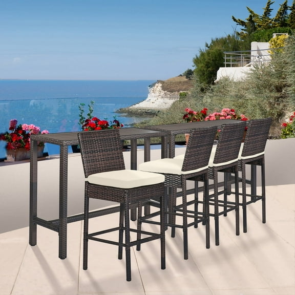 Outdoor Bar Set for Patio 6pc Outdoor Bar Tables and Chairs Set All Weather Bar Height High Top Outdoor Tables and Chairs Wicker Bar Stools Set of 4 Tall Patio Table for Outside Balcony Brown (Beige)