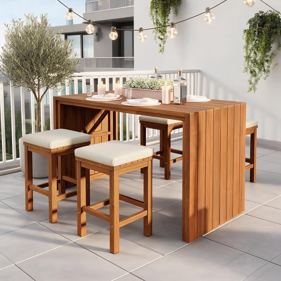 Outdoor Bar Set Space-Saving 5-Piece 4-Seat Acacia Wood with Neutral Beige Cushions for Patio Backyard Poolside