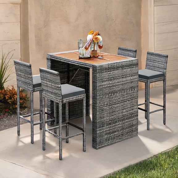 Outdoor Bar Set for Patio Entertaining, Gray-Toned Wicker with Acacia Tabletop, 5-Piece, 46-Inch Rectangle