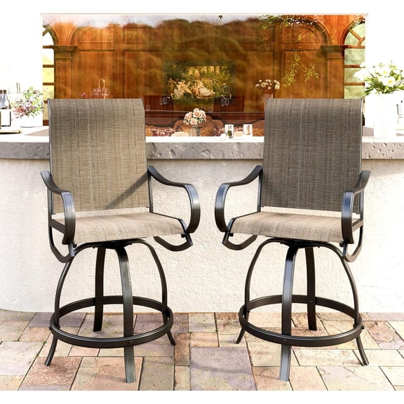 Outdoor Bar Stool, Patio Counter Height Sling Fabric Bar Chairs Set of 2, All-Weather Resistant, Brown