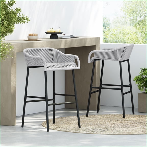 Outdoor Bar Stools | Modern Set of 2 for Patio, Poolside, Garden | Weather Resistant | Light Gray | Iron,Rope