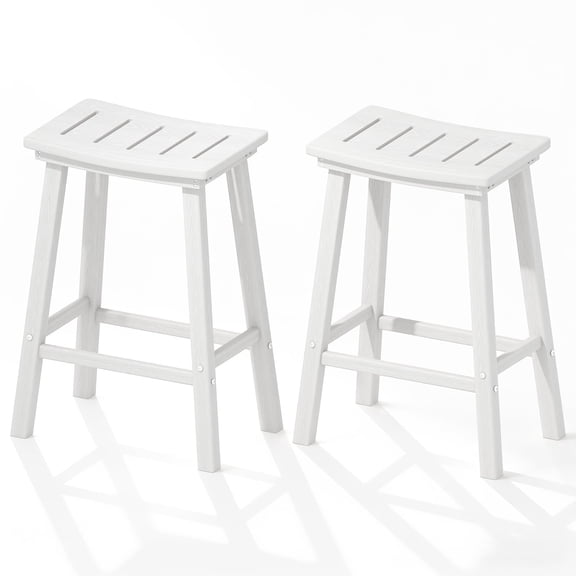 Outdoor Bar Stools Set of 2, 24 Inch Counter Height HDPE Patio Stools, 500 lbs Heavy Duty Saddle Seat Bar Chairs for Kitchen Island, Balcony & Backyard (White)