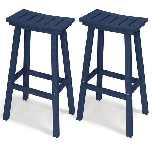 Outdoor Bar Stools Set of 2, 29 Inch Counter Bar Height HDPE Patio Stools, 500 lbs Heavy Duty Saddle Seat Bar Chairs for Kitchen Island, Balcony & Backyard (Navy Blue)