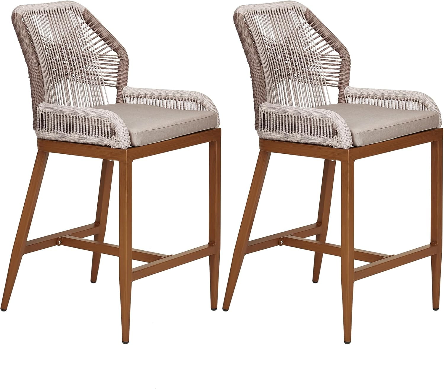 Gray and Brown Rope Woven Outdoor Bar Stools with Cushions