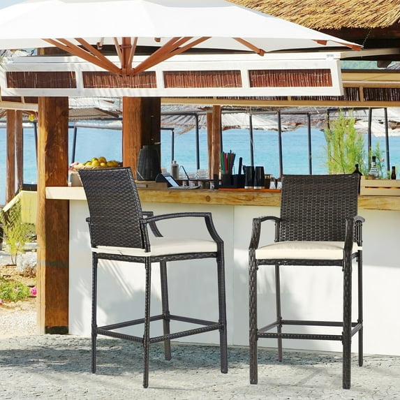 Patio Novagarden outdoor bar stools set of 2, wicker counter height patio chairs with Off-White cushions, footrest, and armrest