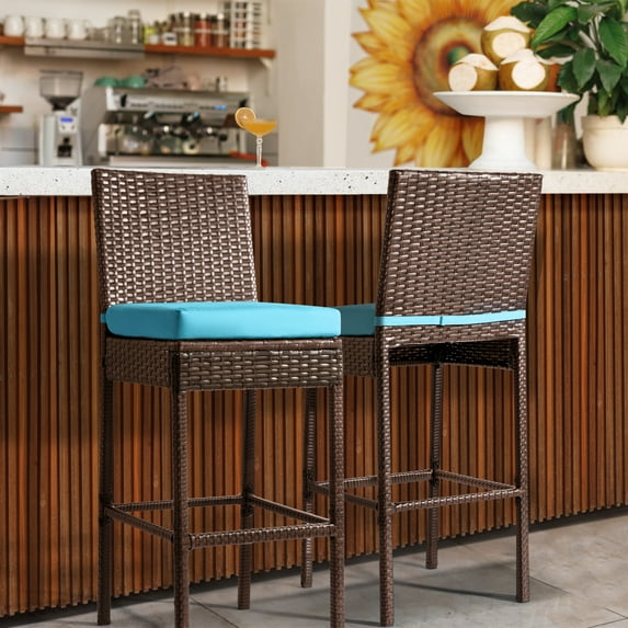 Outdoor Bar Stools Set of 2 Wicker Counter Height Bar Stools Patio Chairs Bar Height Patio Stools & Bar Chairs with Footrest Armrest Cushion Blue All Weather Rattan for Garden Pool Lawn Backyard