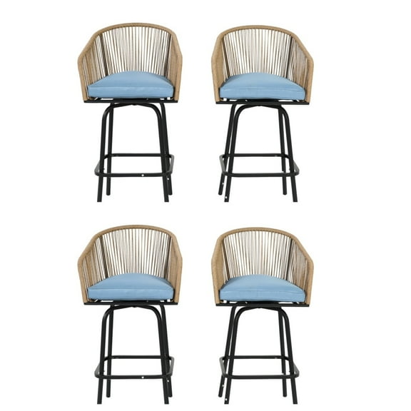 Outdoor Bar Stools Set of 4, 4-Piece Patio Bar Stools with Armrests, All Weather Rattan Bar Chairs with Backrest, Wicker Bar Stools for Backyard, Garden, Pool, Balcony and Deck-Blue 63385