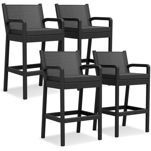 Outdoor Bar Stools Set of 4 Black Wicker Bar Height Patio Chairs with Cushions, Water-Resistant Barstools for Backyard, Garden, Pool, Balcony & Deck (4 Pack)
