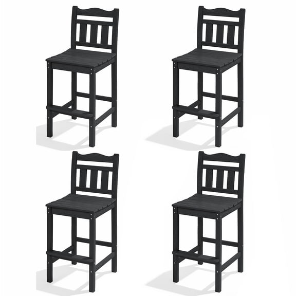Outdoor Bar Stools Set of 4, HDPE Adirondack Bar Height Chairs w/ Backrest, All-Weather Patio Chairs for Balcony, Deck, Poolside, Bistro & Backyard (Black)