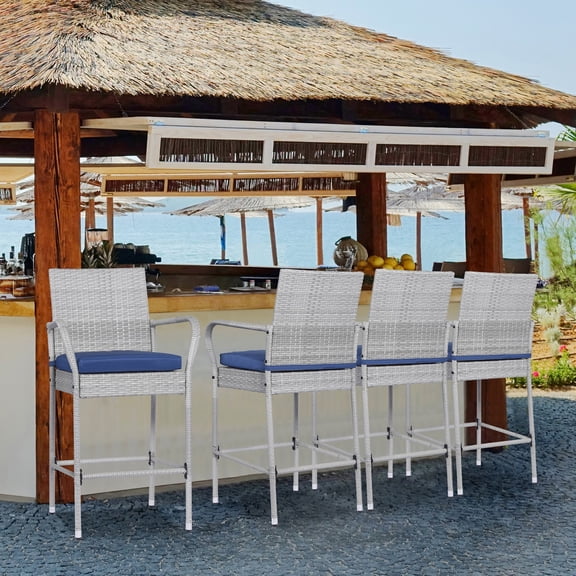 Outdoor Bar Stools Set of 4 Patio Chairs Bar Height Wicker Counter Height Bar Stools Patio Stools & Bar Chairs with Footrest Armrest Cushion Navy Blue All Weather Rattan for Garden Pool Lawn Backyard