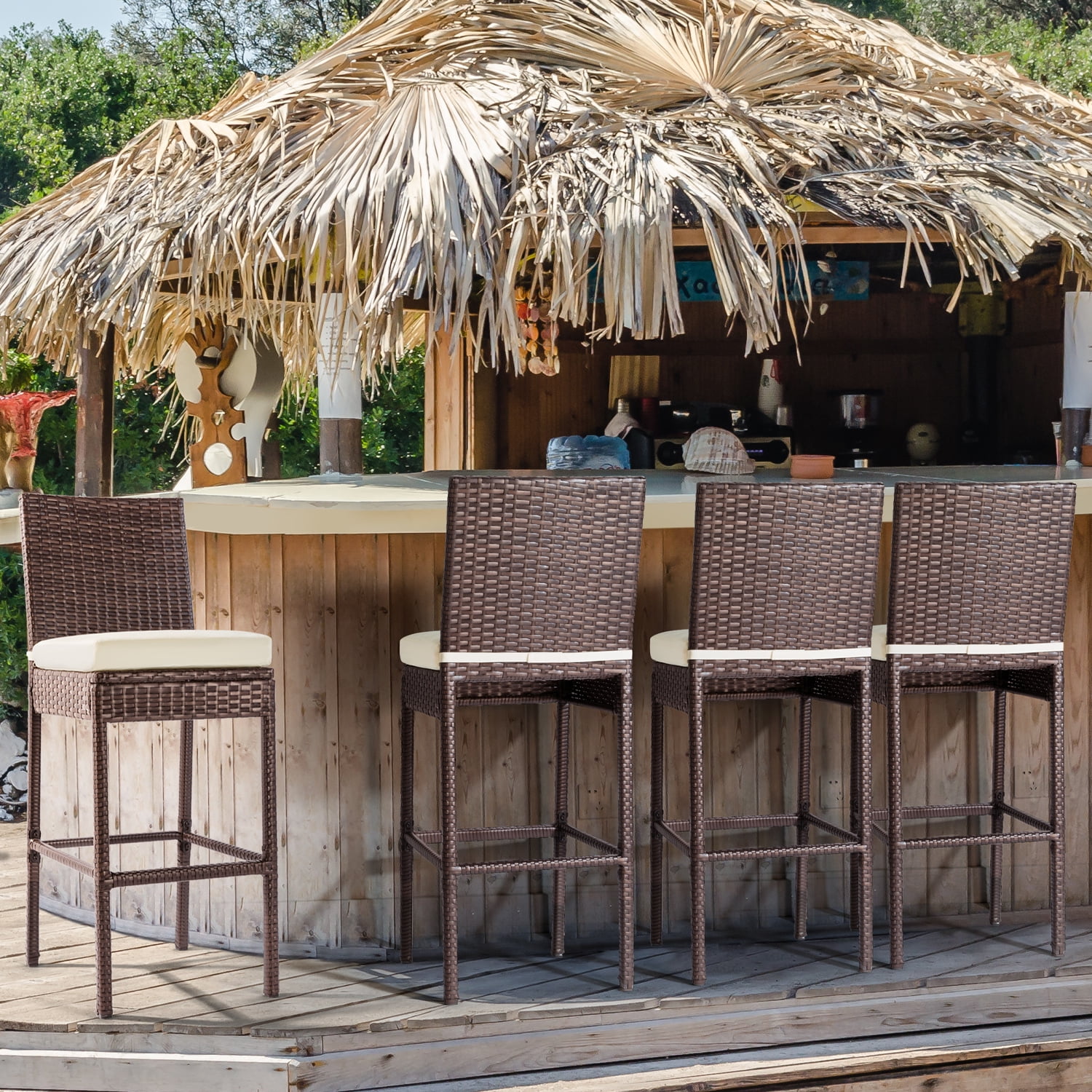 Set of 4 Brown Wicker Patio Bar Stools with Cream Cushions