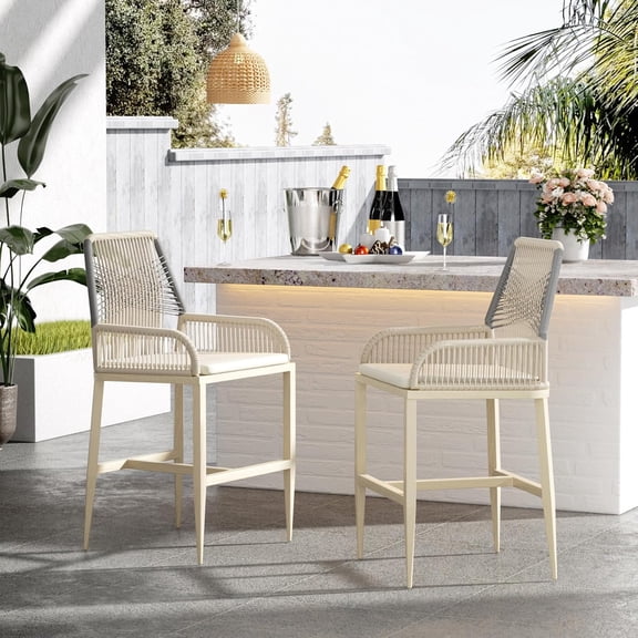 Outdoor Bar Stools Set of 2,Aluminum Rattan Barstools with Removable Cushion,Counter Height Bar Stools Boho Barstool for Patio, Kitchen,Grey