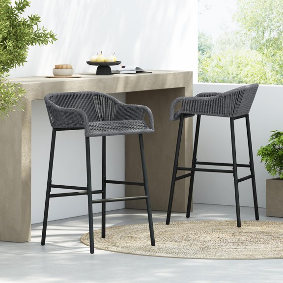 Outdoor Bar Stools Set of 2, Modern Dark Gray Rope for Patio Poolside | Dark Gray | Rope