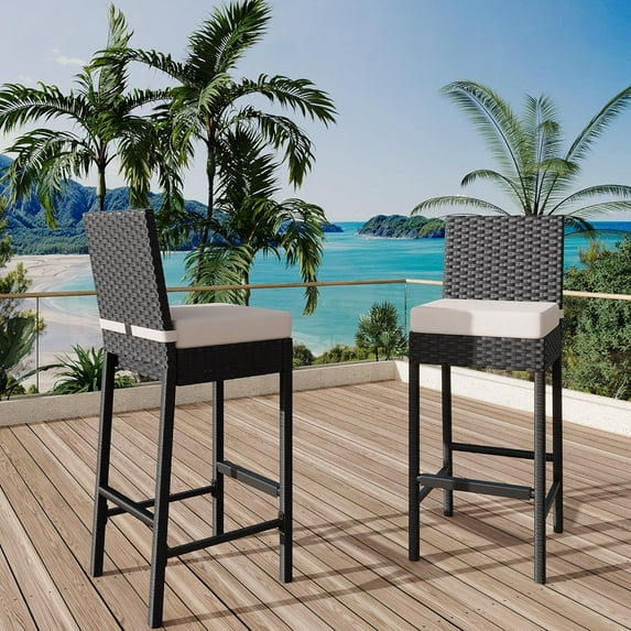 Outdoor Bar Stools Set of 2,Outdoor Rattan Bar Height Stool Set Armless for Backyard,Garden,Pool,Balcony and Deck