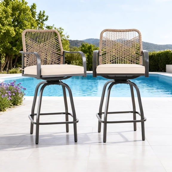 Outdoor Bar Stools Set of 2,Wicker Outdoor Bar Height Bar Stool with Removable Cushion for Garden Porch, Backyard
