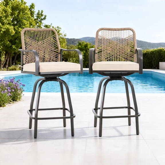 Outdoor Bar Stools Set of 2,Wicker Outdoor Bar Height Bar Stool with Removable Cushion for Garden Porch, Backyard