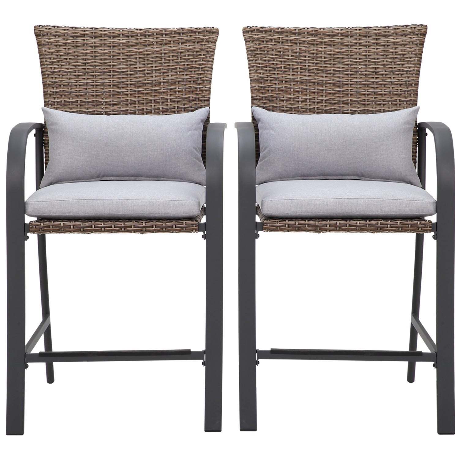 Outdoor Bar Stools Set of 2, Wicker Patio Bar Stool with Cushions & Lumbar Pillows, High Back Counter Height Chairs for Patio Deck Backyard
