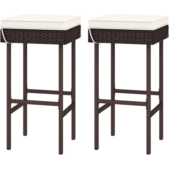 Outdoor Bar Stools Set-of-2 - Wicker Rattan Backless Bar Chairs w/Seat Cushion, Footrest & Metal Frame, 400 LBS Weight Capacity, 28.5 Counter Height Barstools for Kitchen Island Patio (1)