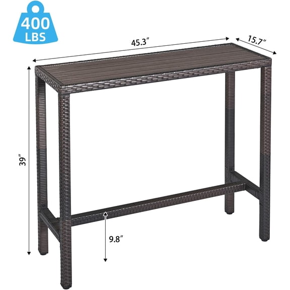 Outdoor Bar Table 45 Inch Long Wicker Pub Table with Poly Lumber Top Adjustable Feet for Balcony Poolside Brown
