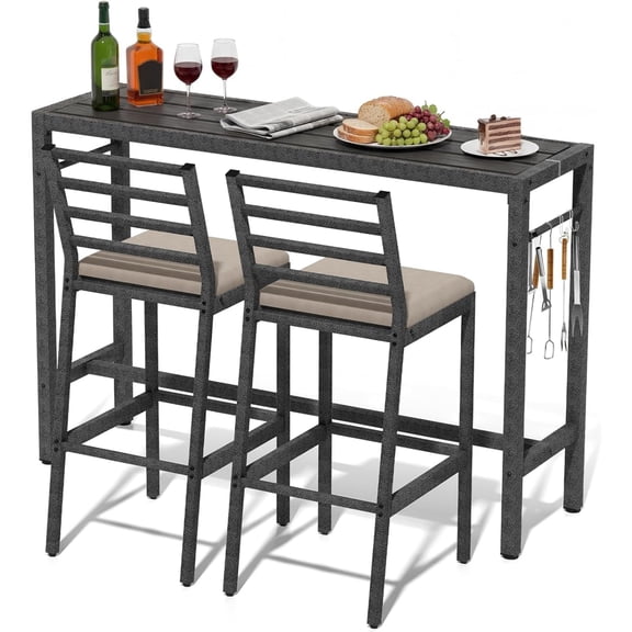 Outdoor Bar Table, 47 Inch Patio Counter Height Dining Table, Waterproof Tabletop Sturdy Metal Frame Furniture Console For Balcony Yard Hot Tub Poolside Indoor, Black