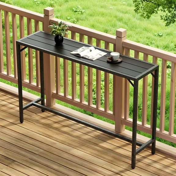 55 Inch Counter Height Outdoor Bar Table, All Weather HDPE Slatted Top with Reinforced Triangle Frame, E-Coated Hammer Finish Steel Legs, Crossbar Footrest & Adjustable Leveling Feet for Poolside Hot