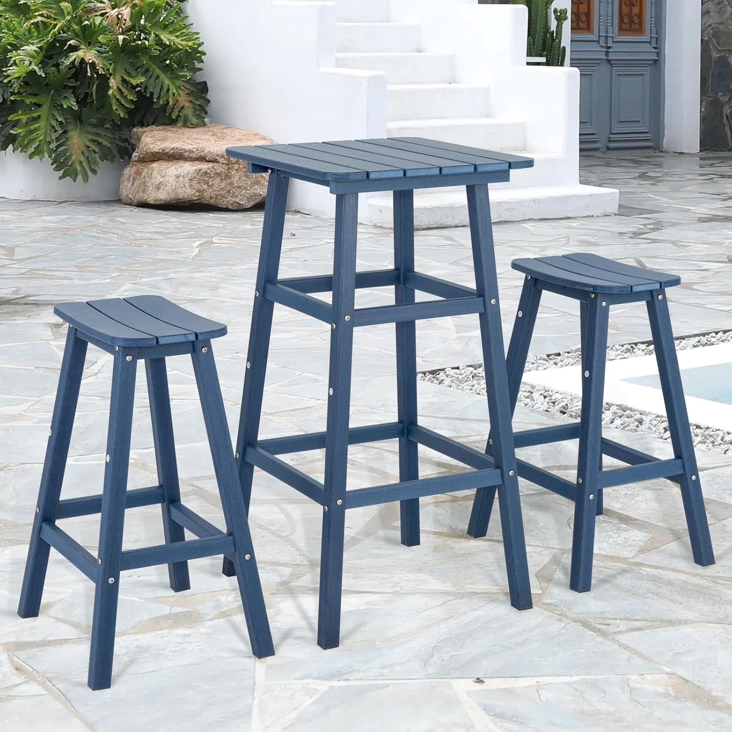 Outdoor Bar Table & Chair Set, 3 Pcs HDPE Round Height Bar Table ...