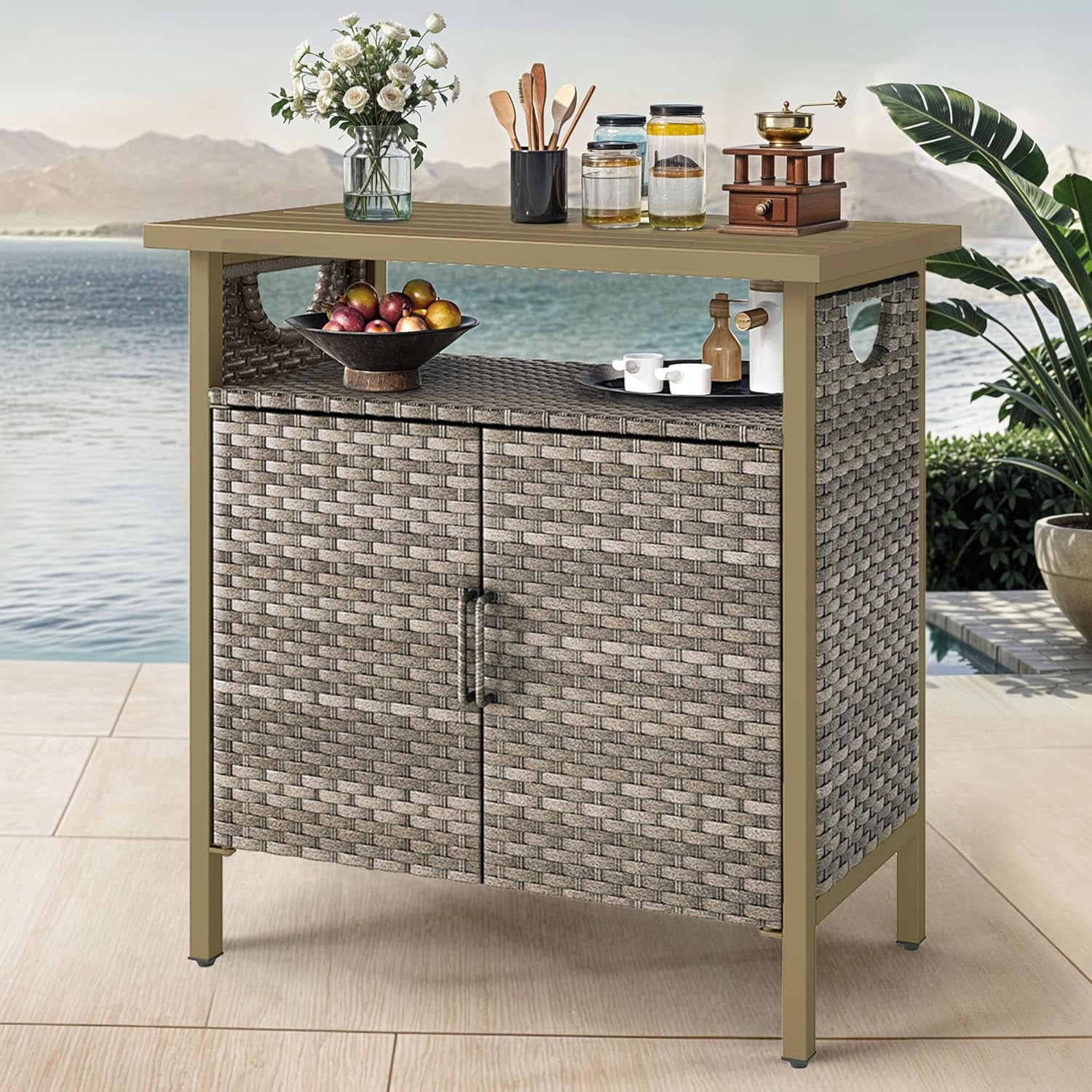 Outdoor Bar Table,Patio Storage Cabinet with PE Rattan,Outdoor ...