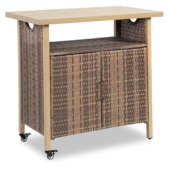 Outdoor Bar Table with Storage Cabinet Patio Serving Carts on Wheels Wicker Grill Cart Prep Station Rolling Kitchen Island for Outside Backyard and Patio, Brown