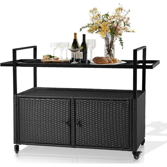 Outdoor Bar Table, Wicker Bar Cart with Cabinet, Patio Serving Cart with Tempered Glass Top, Lockable Wheels, Rounded Handle & Side Basket for Garden, Poolside & Backyard, Black