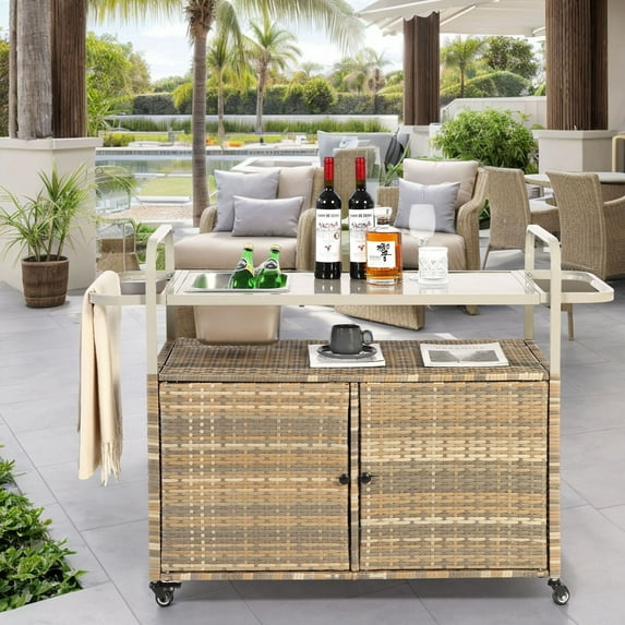 Outdoor Bar Table Wicker Bar Cart with Cabinet and Steel Top Featuring Ice Bucket Lockable Wheels Side Basket for Garden Patio Poolside and Backyard