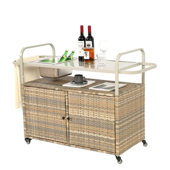 Outdoor Bar Table With Lockable Wheels, Steel Top & Wicker Cabinet Ideal For Garden, Poolside & Backyard Entertaining