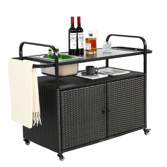 Outdoor Bar Table With Lockable Wheels, Steel Top & Wicker Cabinet Ideal For Garden, Poolside & Backyard Entertaining
