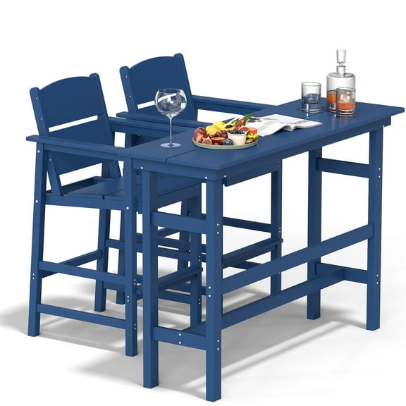 FOOWIN Outdoor Bar Table and Chairs Set, Adirondack Bar Chairs Set of 2 and Bar Height Table, All Weather HDPE Bar Height Patio Set, Navy Blue