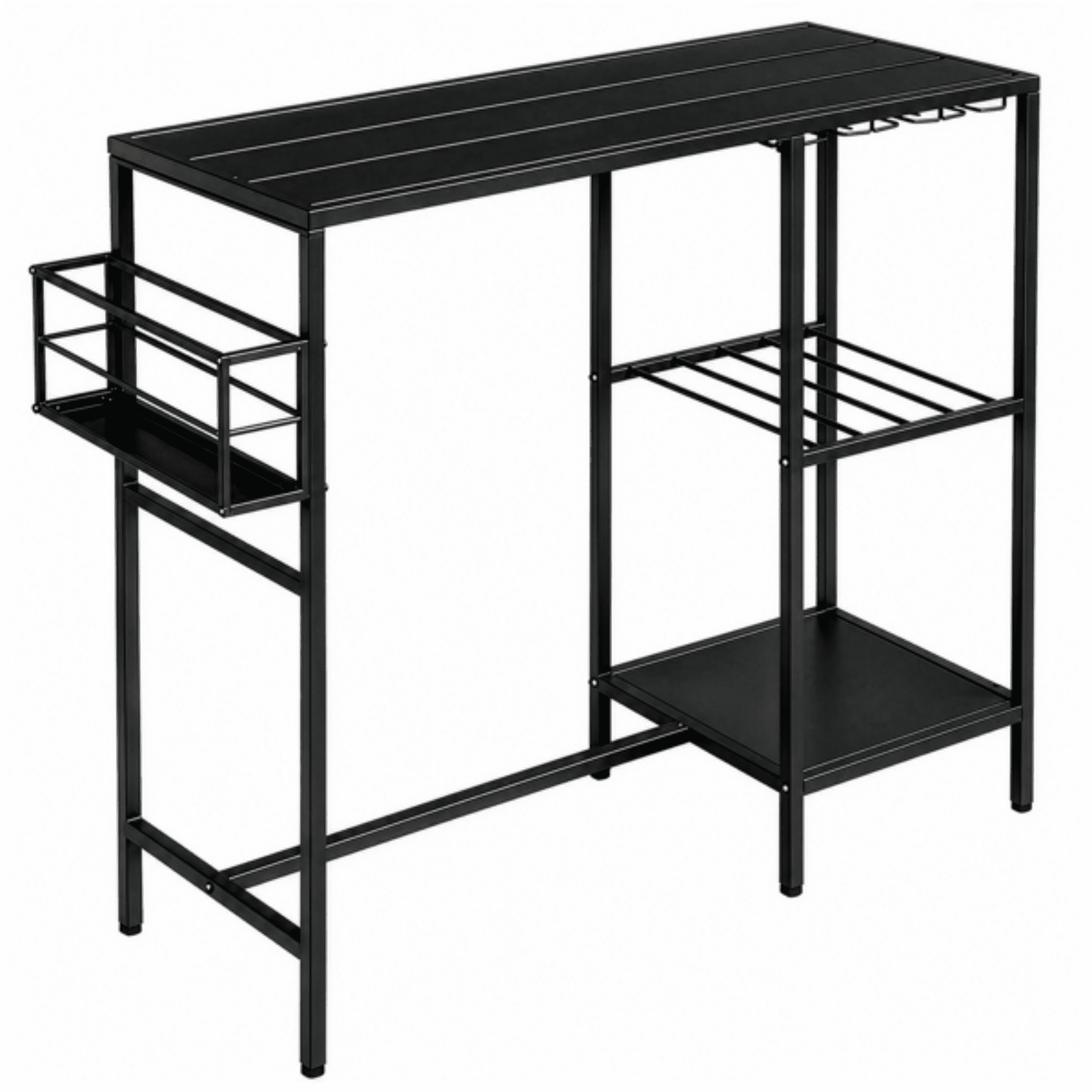 Outdoor Bar Table with Double-Tier Side Shelf, Storage Basket & Wine Glass Rack, Iron Patio Bar Table, 110 x 40 x 94 cm