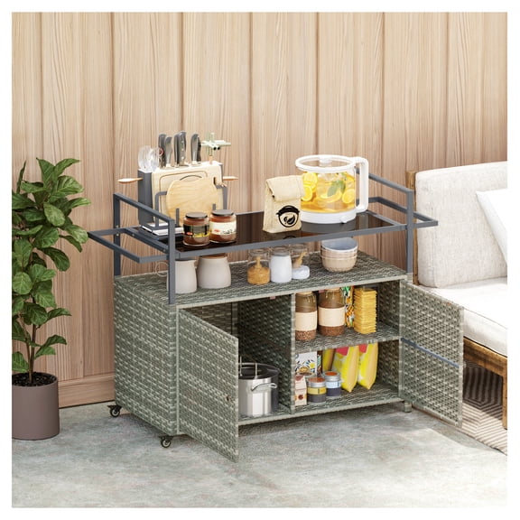 Outdoor Bar Table with Storage, PE Rattan 2-Tier Serving Cart, Mixed Gray