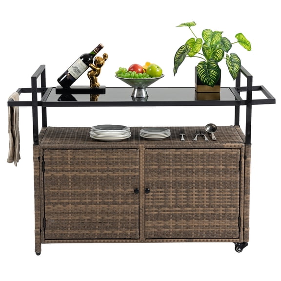 Outdoor Bar Table with Wheels | Multifunctional for Food & Drink Display | Weather-Resistant Wicker | Freely Position with 360° Wheels