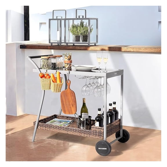 Outdoor Bar Table with Wheels, Patio Wicker Bar Cart - 2 Shelf Steel Frame, Wine Glass Holder - Garden, Backyard, Pool Side, Gray