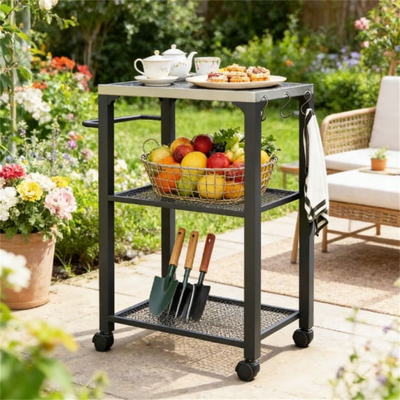 Outdoor Barbecue Grill Cart with Storage Rack Stainless Steel Movable Utility Cart with 2‑Tier Shelves 3 Hooks