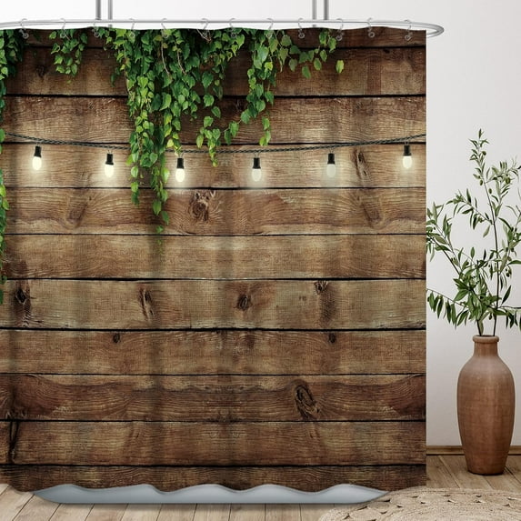 Outdoor Barn Door Shower Curtain Garden Scenery Wooden Rustic Farmhouse Green Leaves Antique Brown Wall Lights Bathroom Home Decor Waterproof Polyester 72WX72H Inch 12 Pack Hooks
