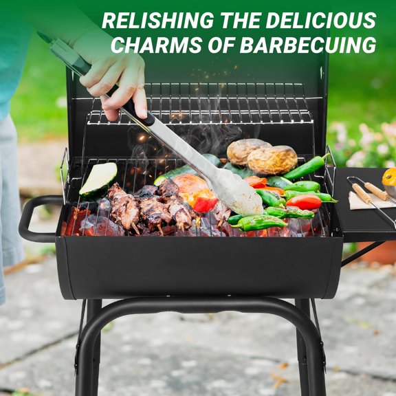 Outdoor Barrel Charcoal Grill with Thermometer, Side and Wheels, Portable Barbecue Grills for Garden Party Picnic Camping Hiking Travel Backyard Cooking, Asadores de Carbon (Black)