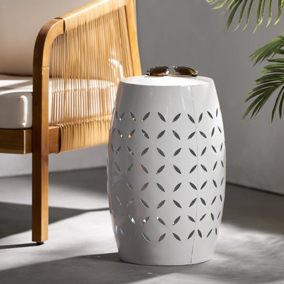 Outdoor Barrel Shape Side Table with Willow Leaf Pattern, Heavy Duty Metal End Table with Iron Frame for Patio, Living Room, Bedroom, Balcony & Garden, Weather Resistant, No Assembly Required, White