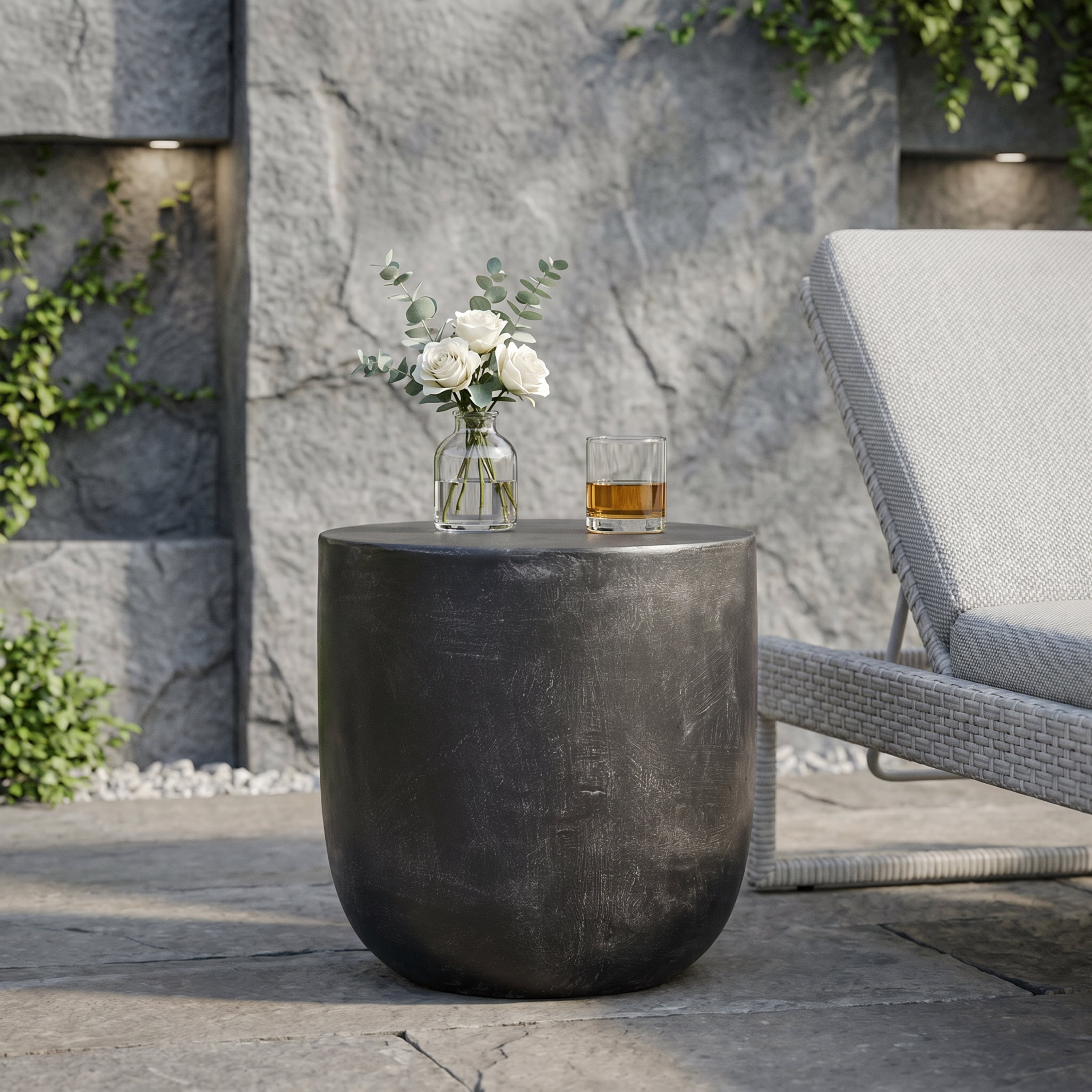 Outdoor Barrel Texture Side Table, Lightweight Concrete Craft for Patio Garden, White