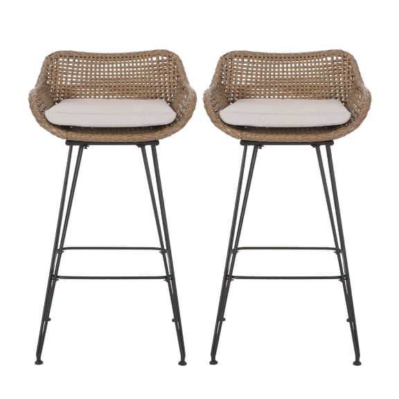 Outdoor Barstool Chair Set of 2, Beige Fabric, Brown Rattan, Black