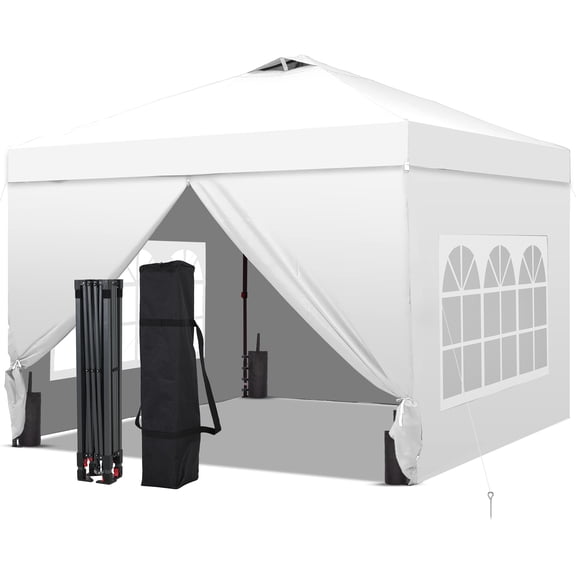 Outdoor Basic 10' x 10' Pop up Canopy Tent with 4 Side Panels Outside Canopy, One Push Tent Canopy with Wheeled Carry Bag, Extra 8 Stakes and 4 Ropes, White