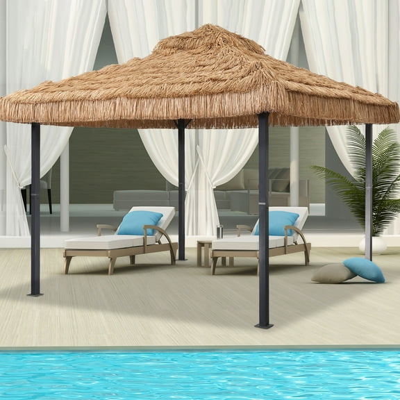 Outdoor Basic 10' x 10'FT Canopy Tent, Imitation Straw 4-Corner Pavilion Tent, Outdoor Leisure Awning, for Garden, Porch, Poolside, Khaki.